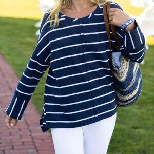 Habitat French Terry Navy White Stripe Crewneck Long Sleeve Tunic Top XL NWT